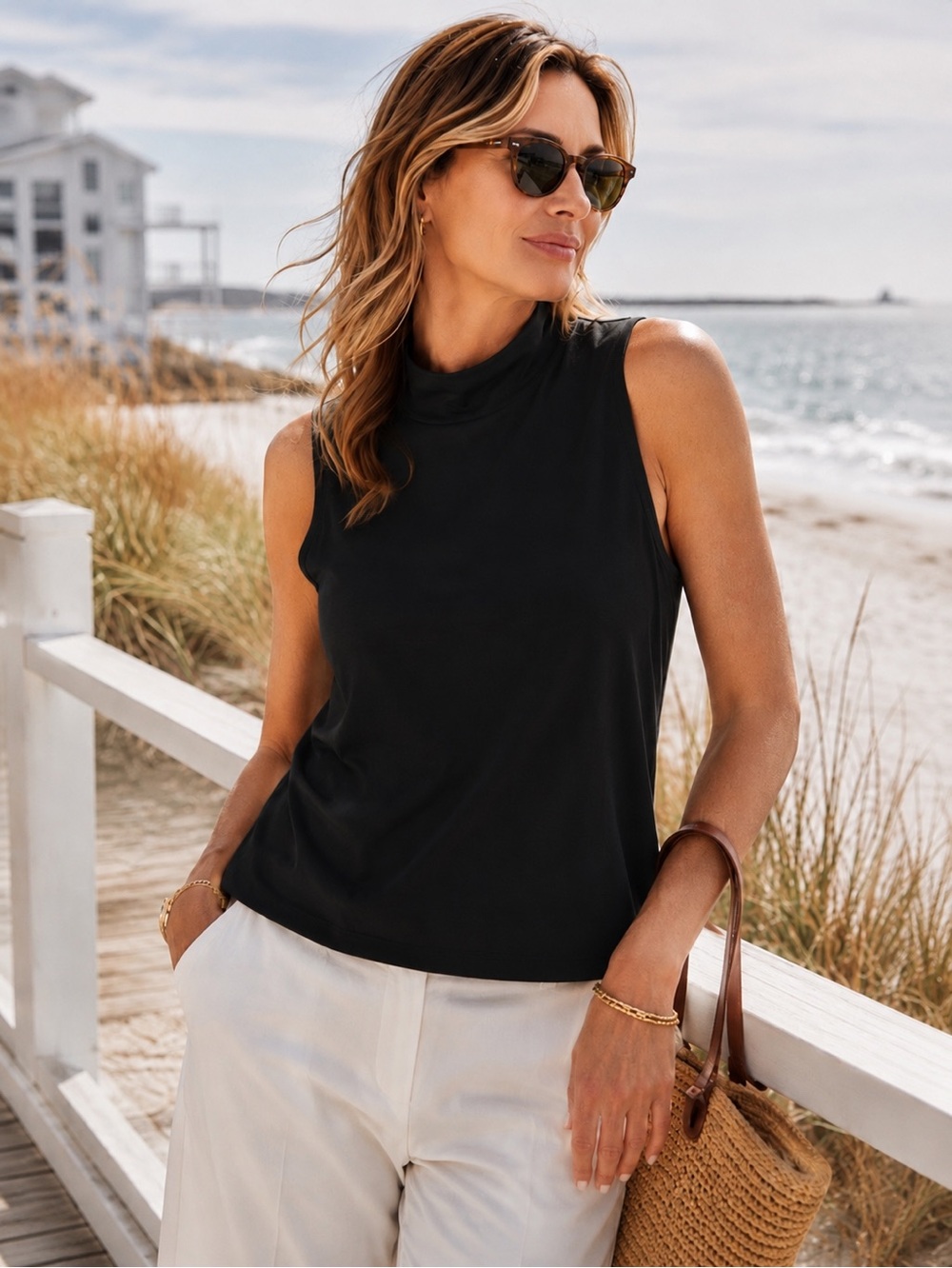 Lands End Sleeveless Mock‎ Neck Layering Tank Black Medium 10-12 Modal